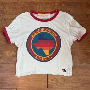 Aviator Nation Cropped Off White Ringer Tee with Red and Blue Texas Design